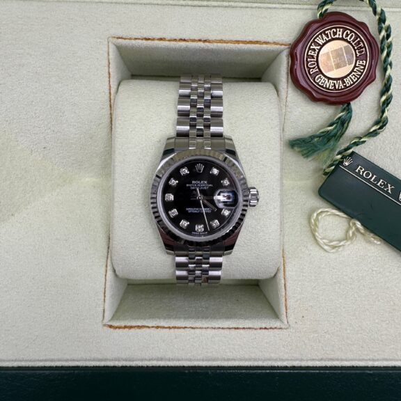 【宅配買取】ロレックス　デイトジャスト　179174G 黒文字盤　10Pダイヤ　箱